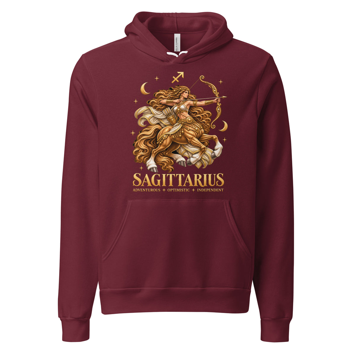 Sagittarius zodiac hoodie in maroon, front: a golden centaur archer in a night sky of gold stars with the Sagittarius glyph