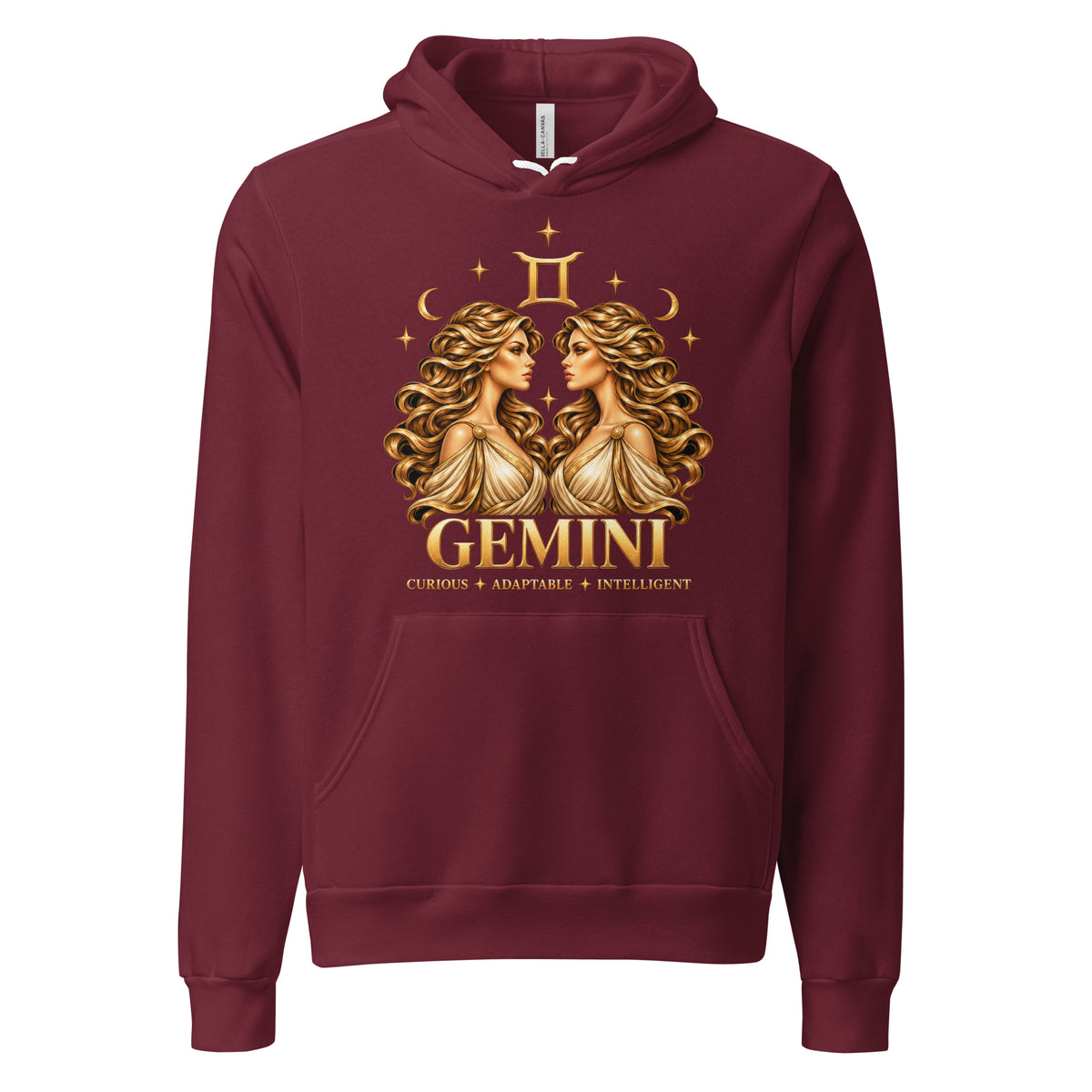 Gemini zodiac hoodie in maroon, front: golden twins face to face in a night sky of gold stars
