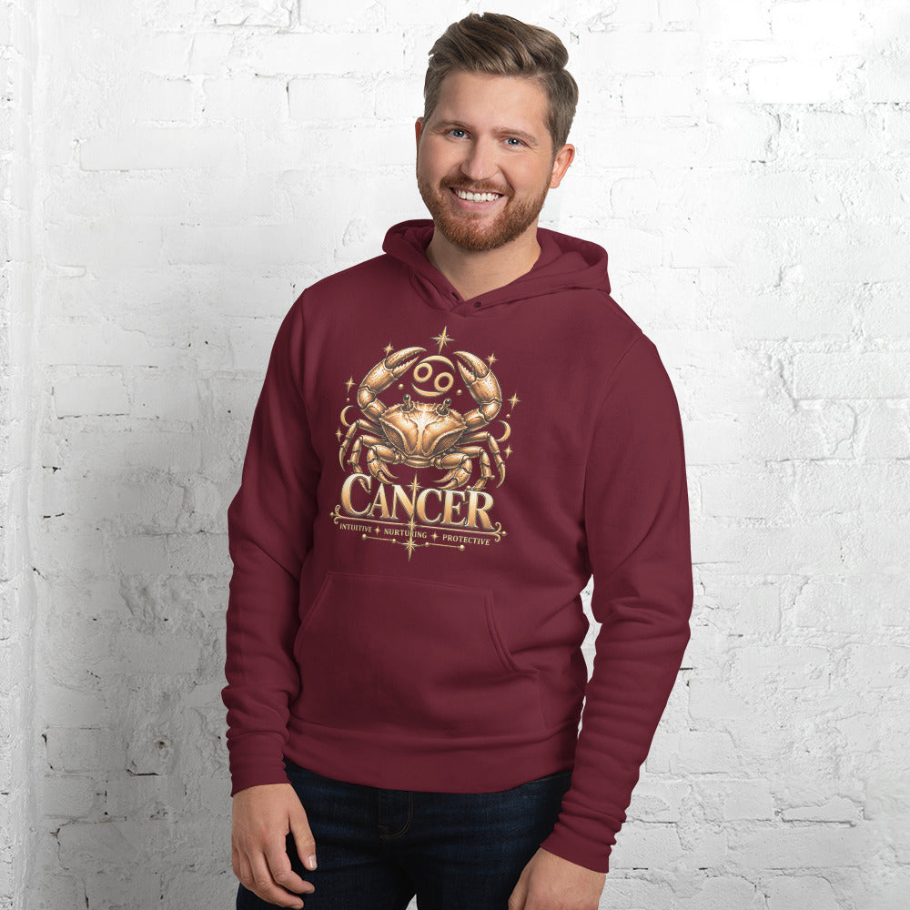 Cancer zodiac hoodie in maroon, front: a golden crab with claws raised in a night sky of gold stars
