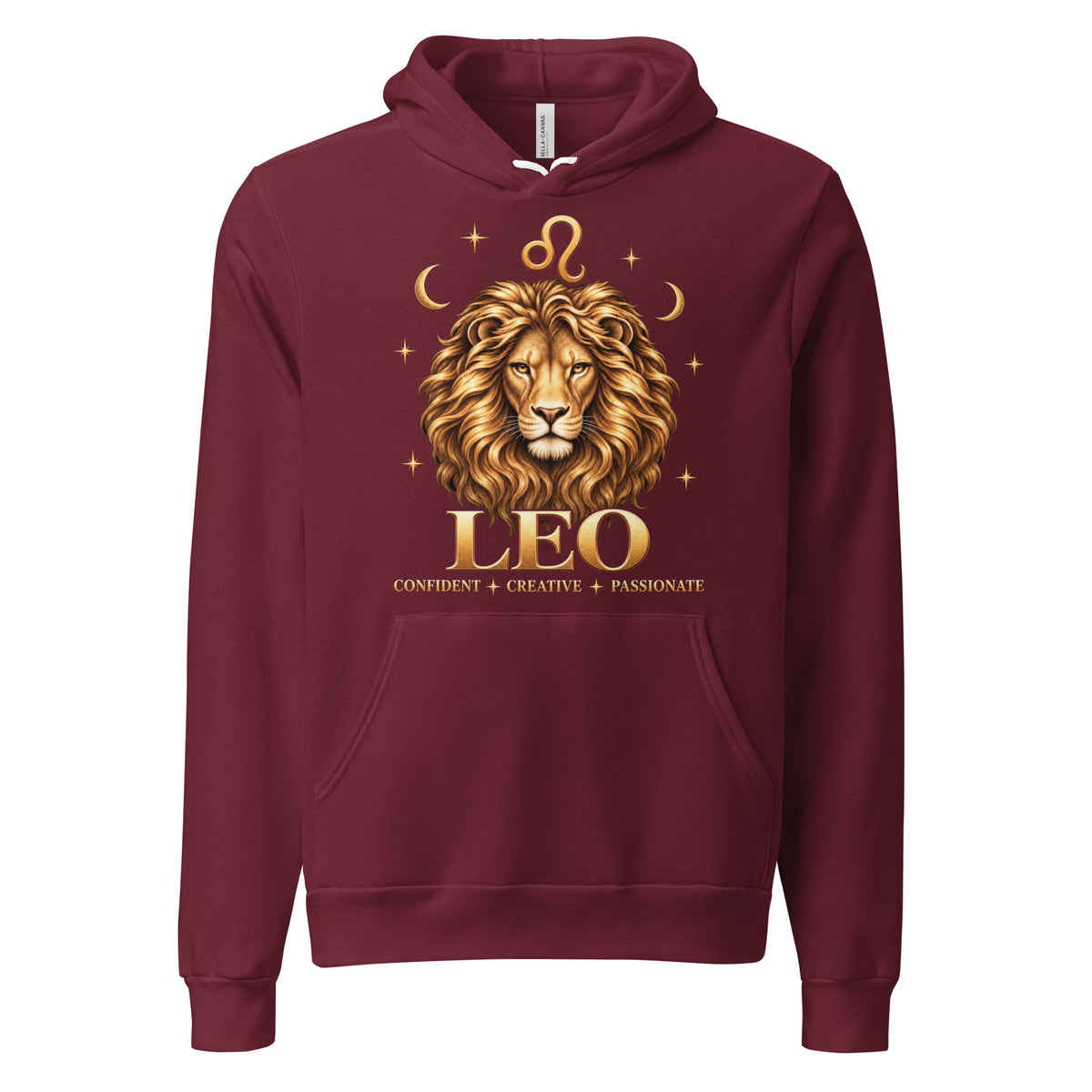 Leo zodiac hoodie in maroon, front: a golden lion with a full flowing mane in a night sky of gold stars
