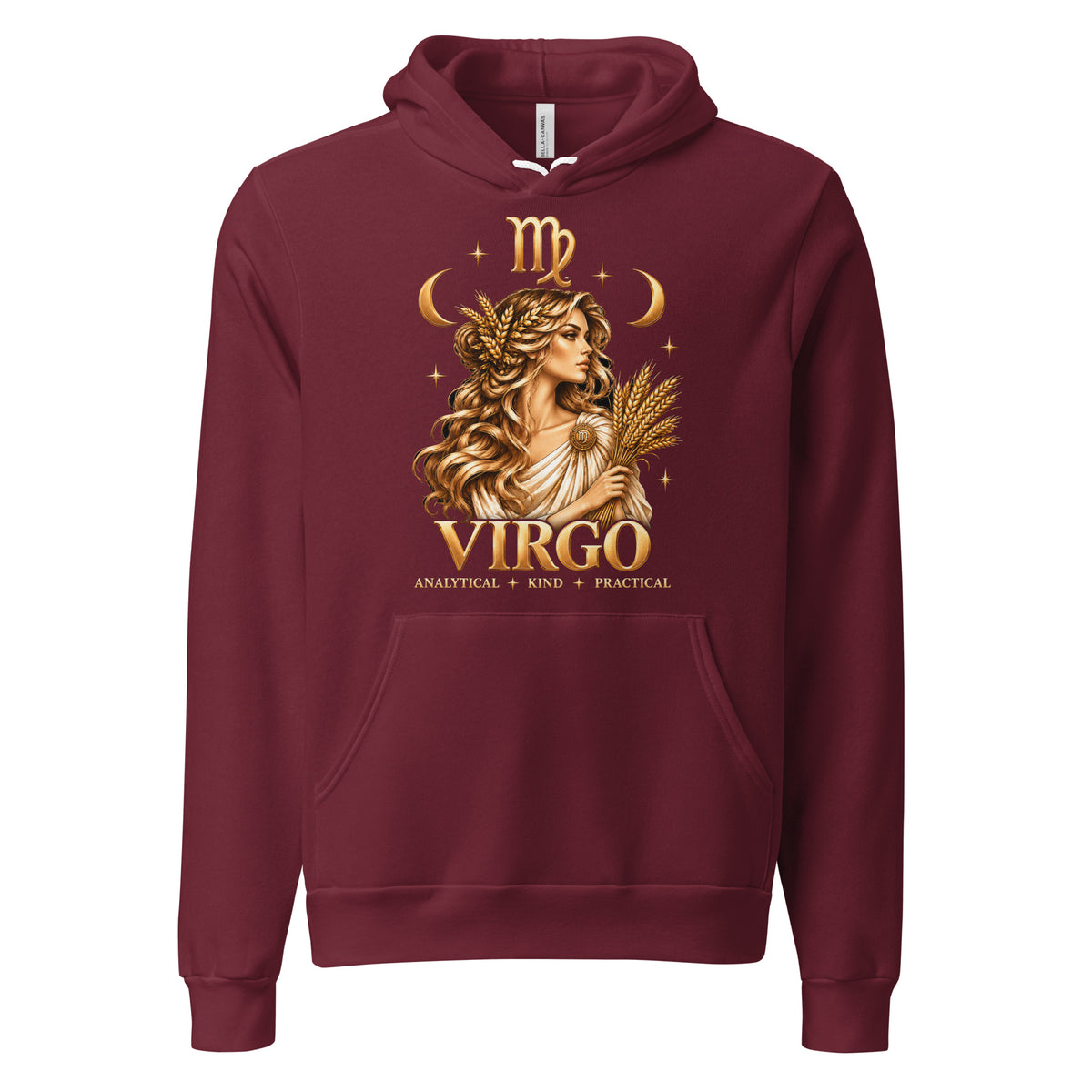 Virgo zodiac hoodie in maroon, front: a golden maiden holding a sheaf of wheat in a night sky of gold stars