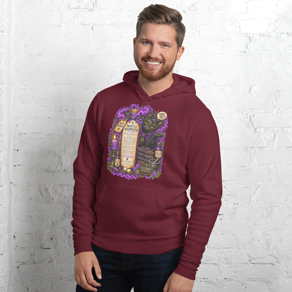 Mostly Harmless design, a potion bottle and a masked black cat, on a maroon unisex hoodie, front view