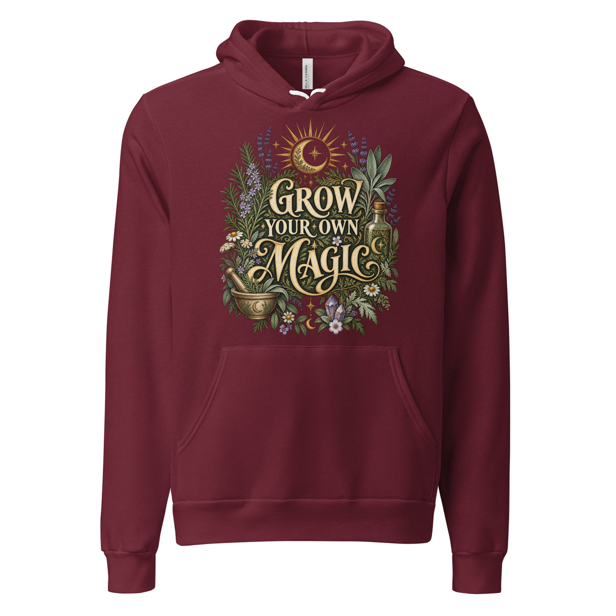 Grow Your Own Magic herbology design, herbs and a golden moon, on a maroon unisex hoodie, front view