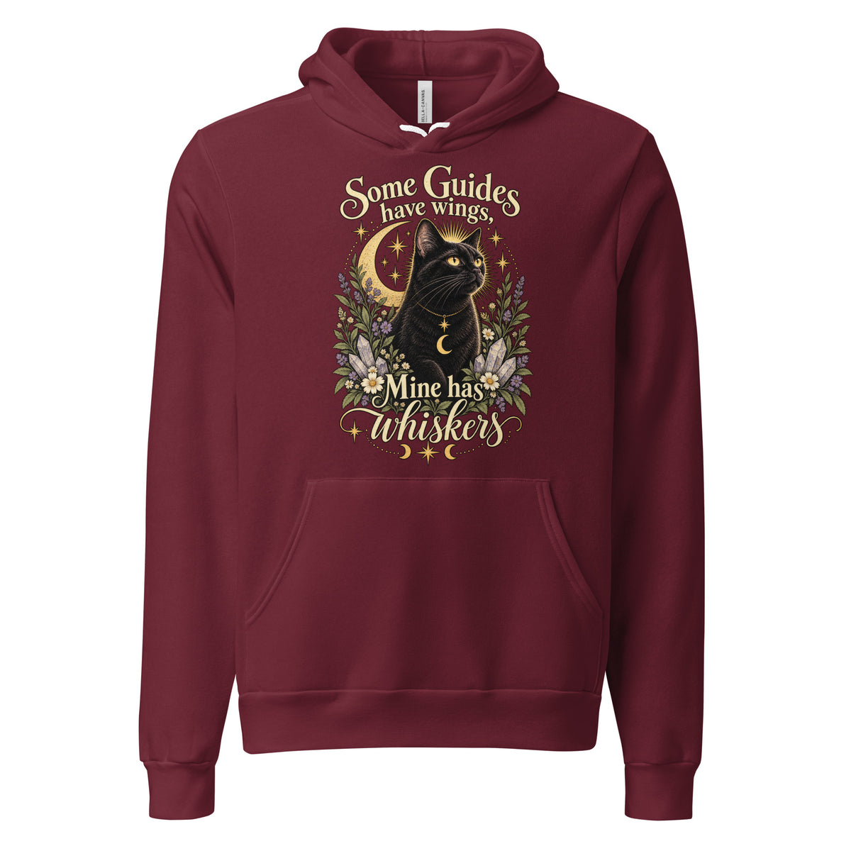 Some Guides Have Wings Mine Has Whiskers design, a black cat under a golden moon, on a maroon unisex hoodie, front view