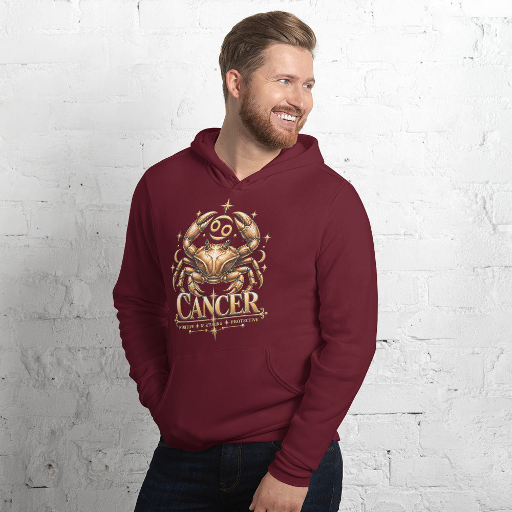 Cancer zodiac hoodie in maroon, front view angled left