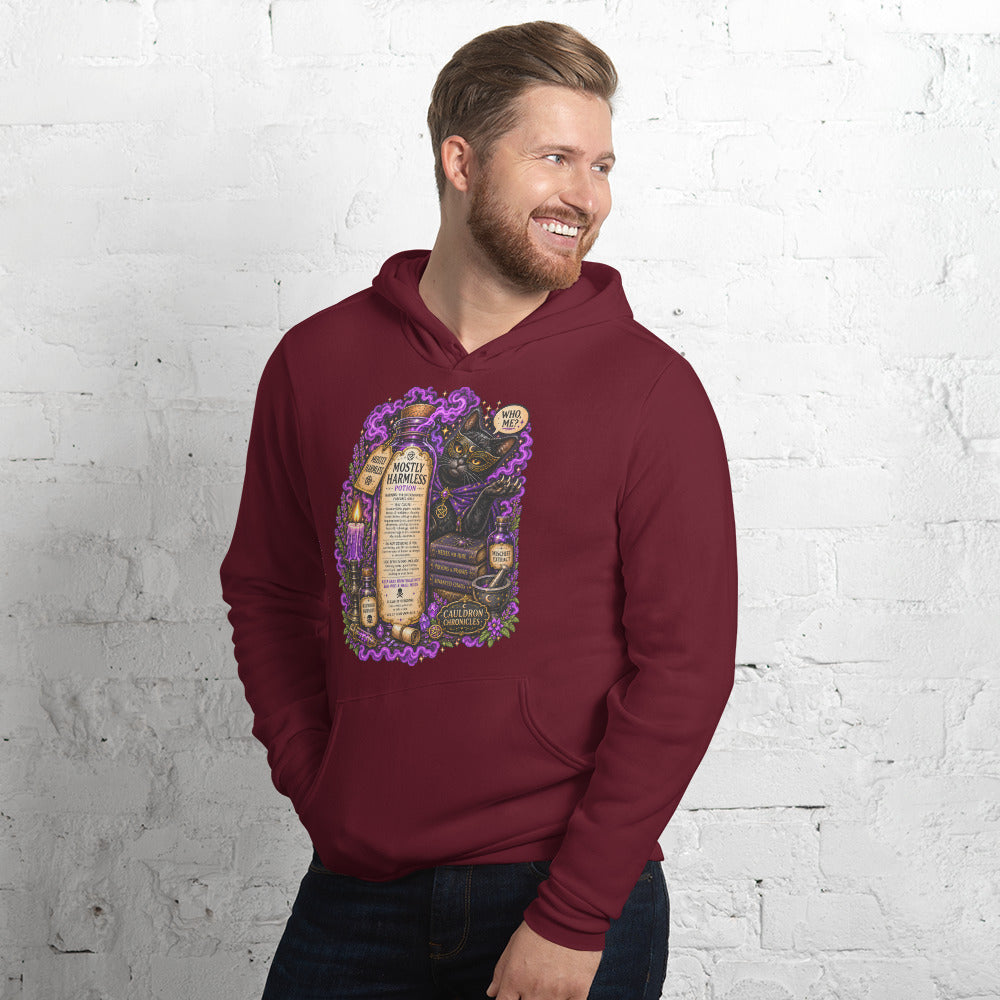 Mostly Harmless design on a maroon unisex hoodie, left front view