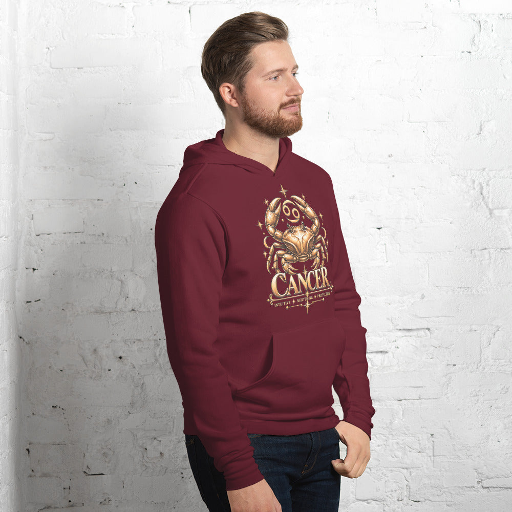 Cancer zodiac hoodie in maroon, front view angled right