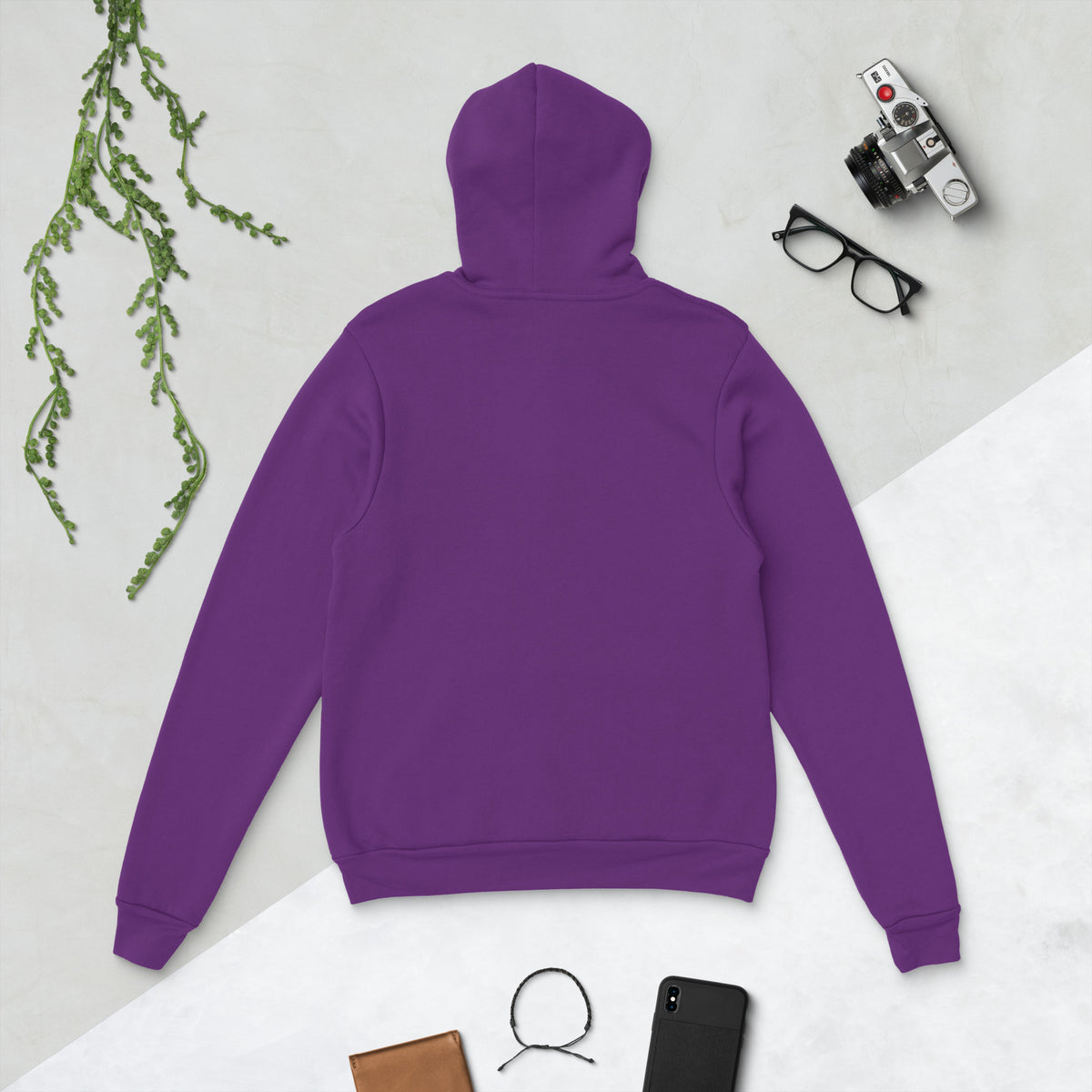 My Apothecary Has Trust Issues, a witchy black cat and a cabinet of potion bottles, on a team purple unisex pullover hoodie, back view