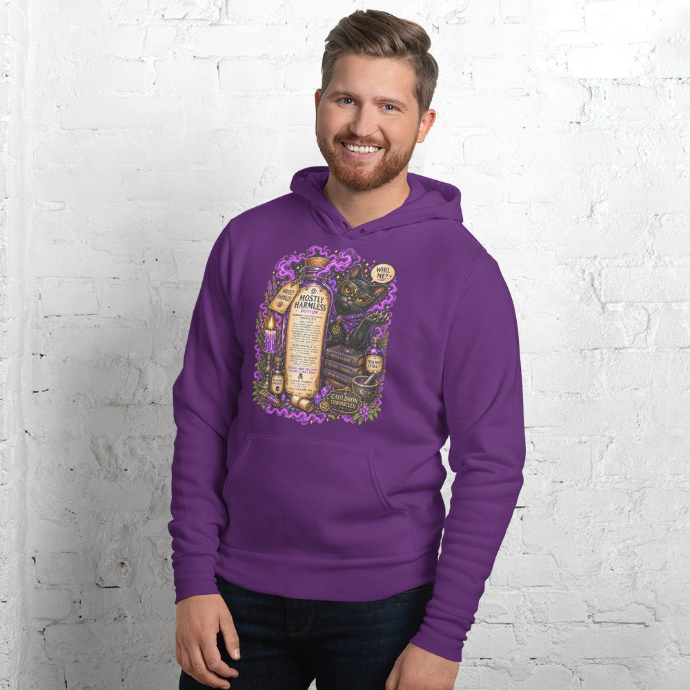 Mostly Harmless design, a potion bottle and a masked black cat, on a team purple unisex hoodie, front view