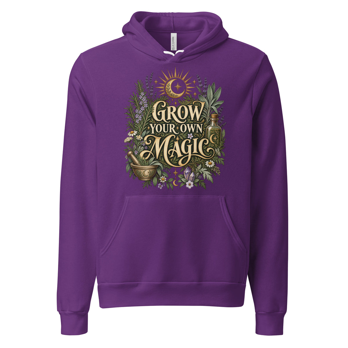 Grow Your Own Magic herbology design, herbs and a golden moon, on a team purple unisex hoodie, front view