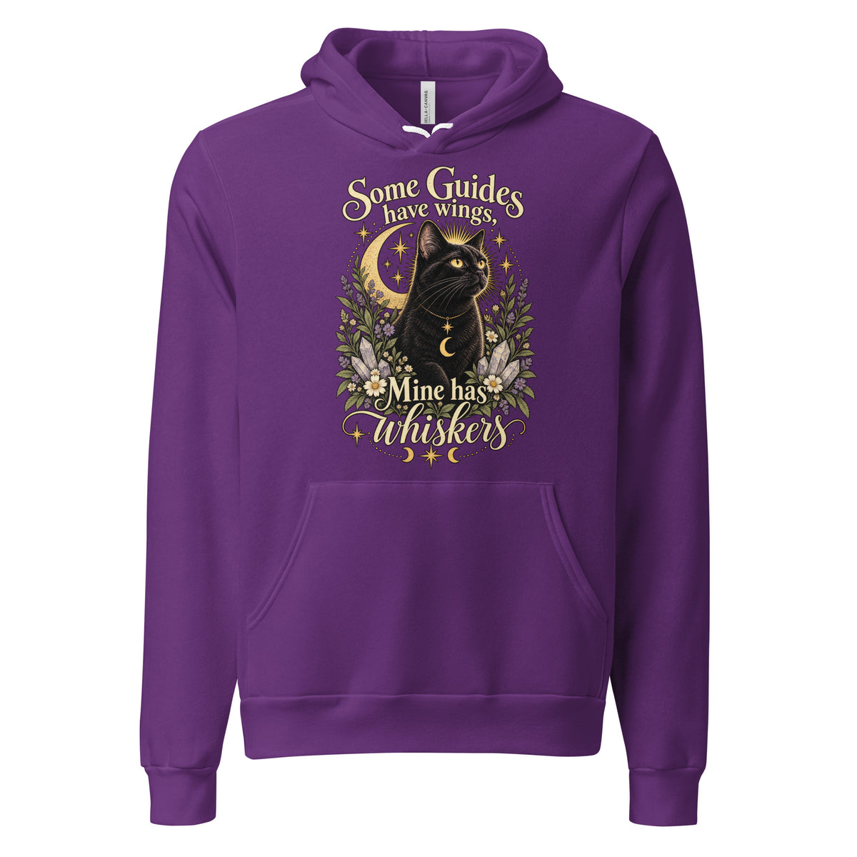 Some Guides Have Wings Mine Has Whiskers design, a black cat under a golden moon, on a team purple unisex hoodie, front view