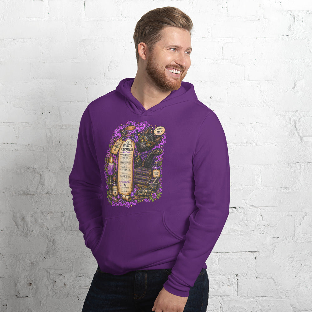 Mostly Harmless design on a team purple unisex hoodie, left front view