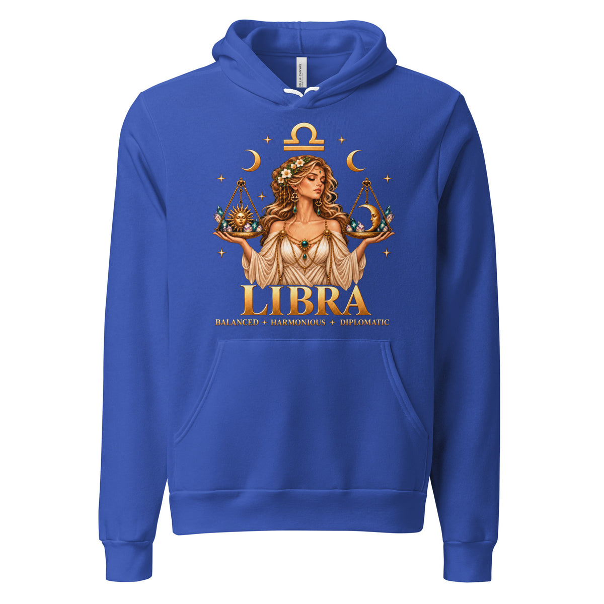 Libra zodiac hoodie in true royal, front: a woman holding golden scales in a night sky of gold stars with the Libra glyph