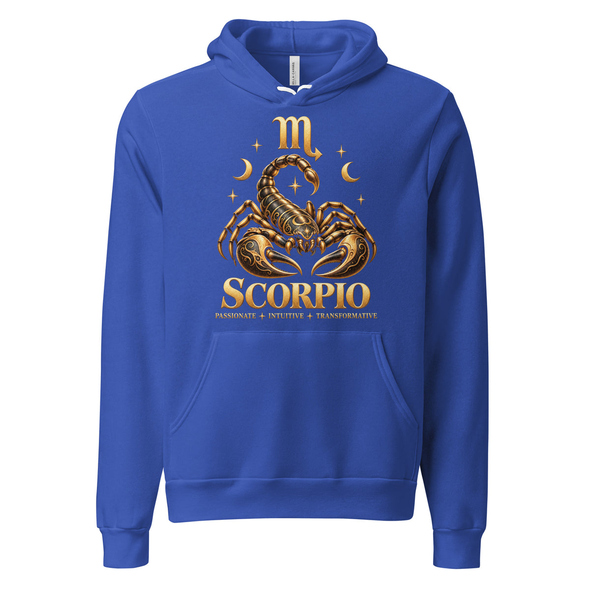 Scorpio zodiac hoodie in true royal, front: a golden scorpion in a night sky of gold stars with the Scorpio glyph