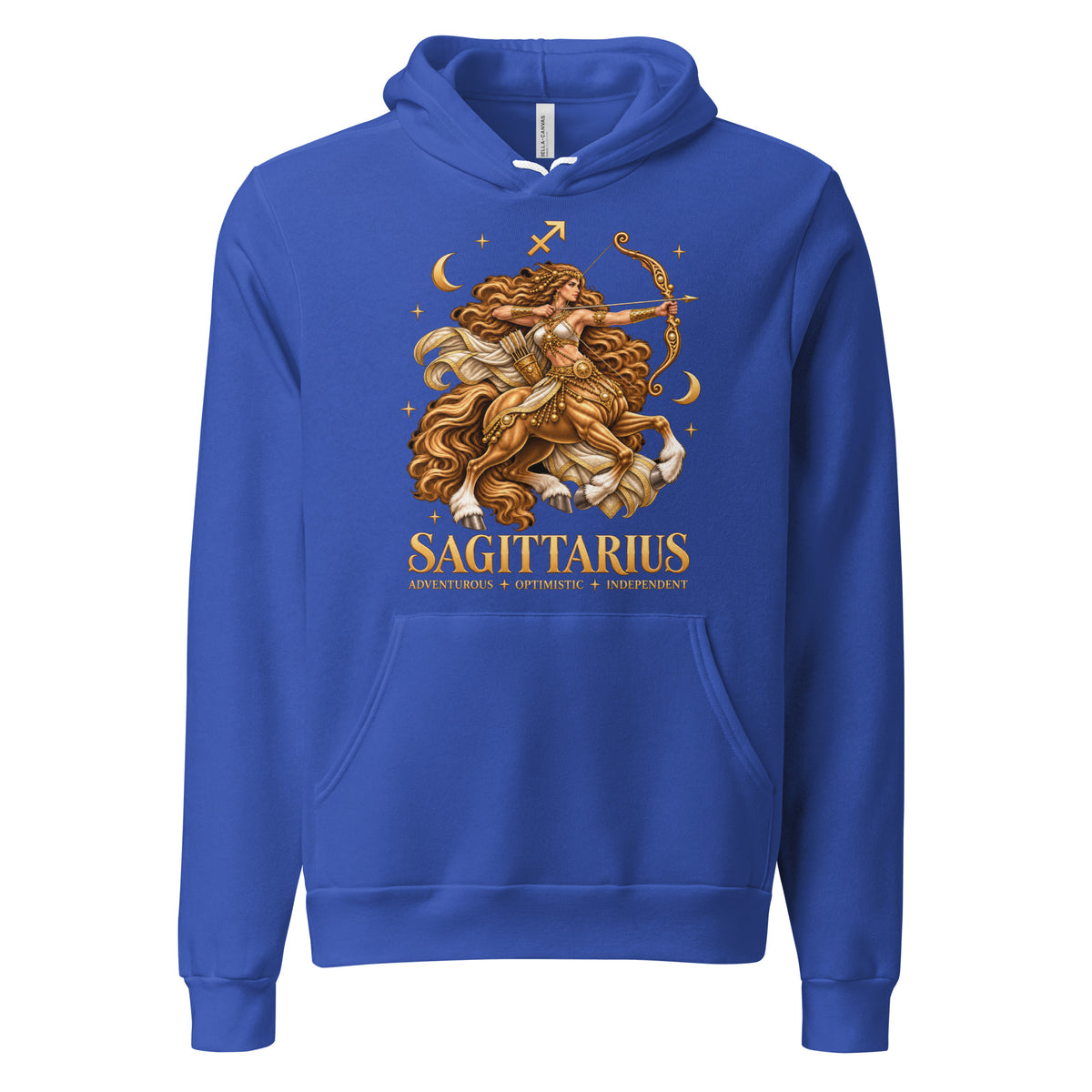 Sagittarius zodiac hoodie in true royal, front: a golden centaur archer in a night sky of gold stars with the Sagittarius glyph