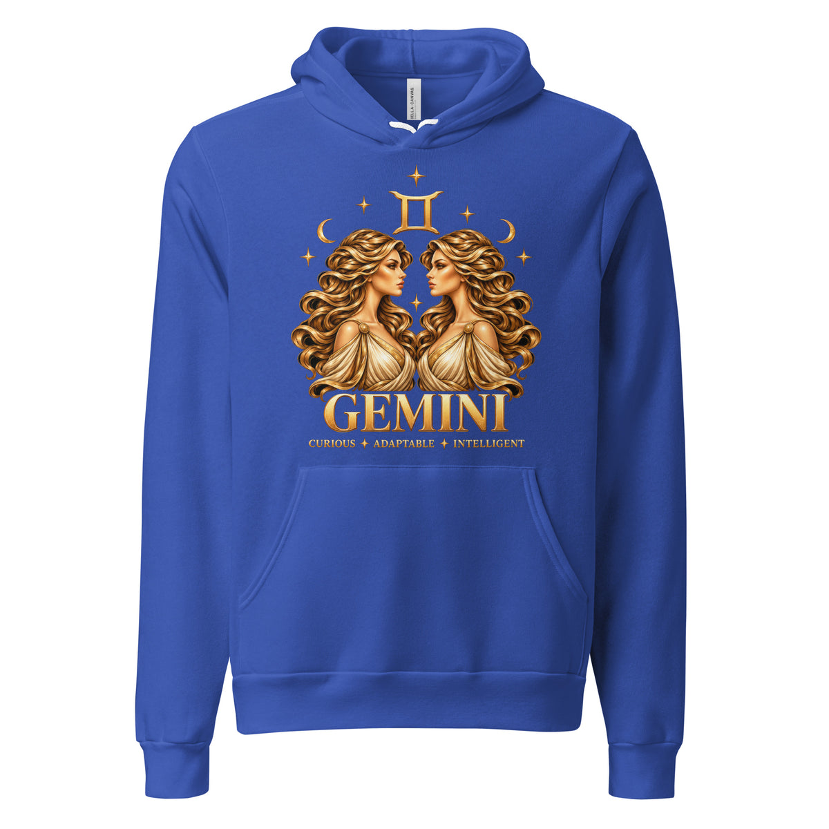 Gemini zodiac hoodie in true royal, front: golden twins face to face in a night sky of gold stars
