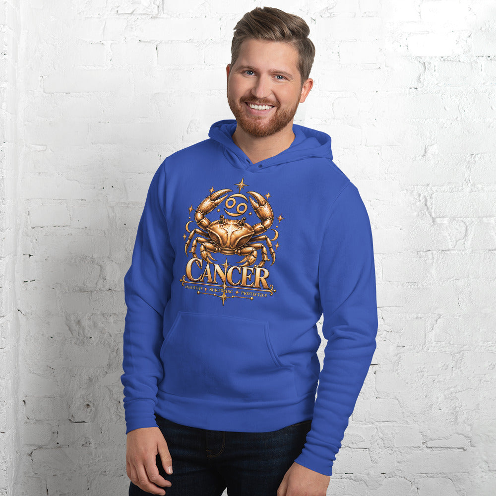 Cancer zodiac hoodie in true royal, front: a golden crab with claws raised in a night sky of gold stars