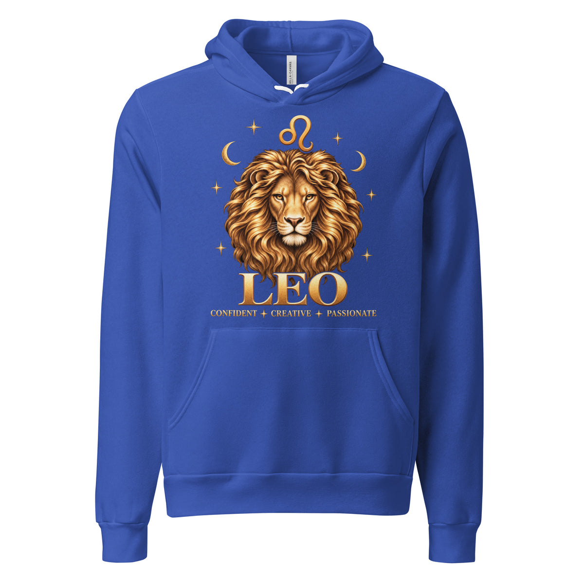 Leo zodiac hoodie in true royal, front: a golden lion with a full flowing mane in a night sky of gold stars