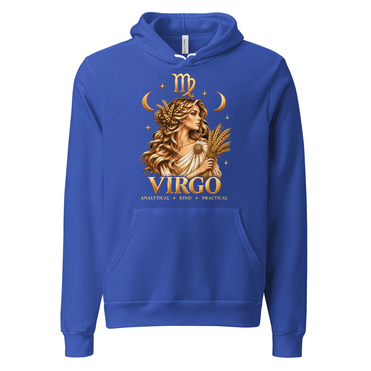 Virgo zodiac hoodie in true royal, front: a golden maiden holding a sheaf of wheat in a night sky of gold stars