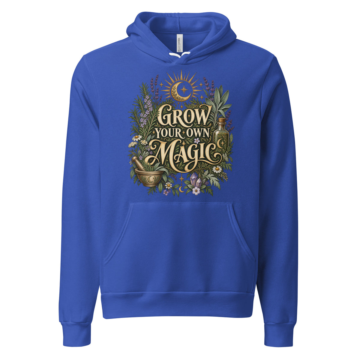 Grow Your Own Magic herbology design, herbs and a golden moon, on a true royal unisex hoodie, front view