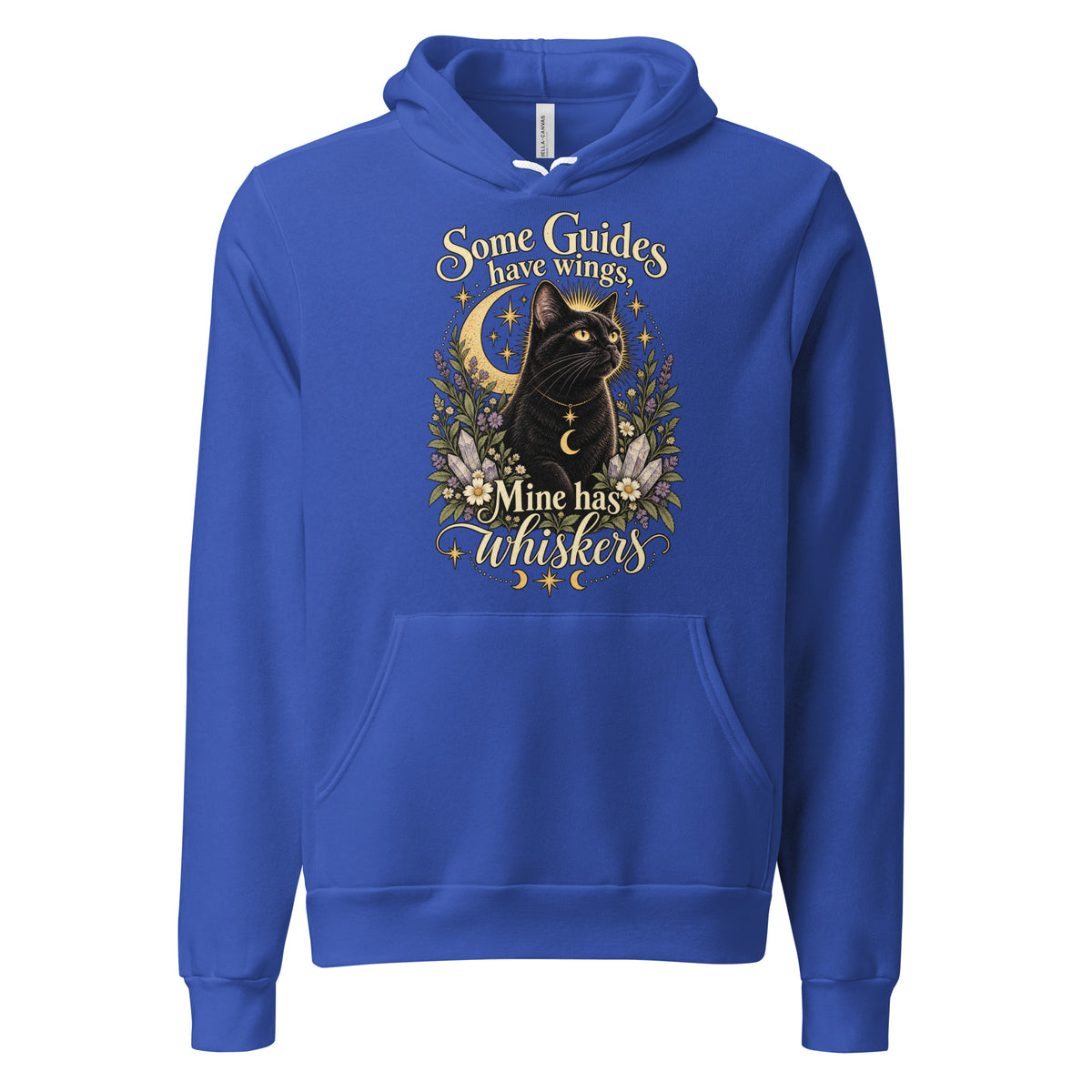 Some Guides Have Wings Mine Has Whiskers design, a black cat under a golden moon, on a true royal unisex hoodie, front view