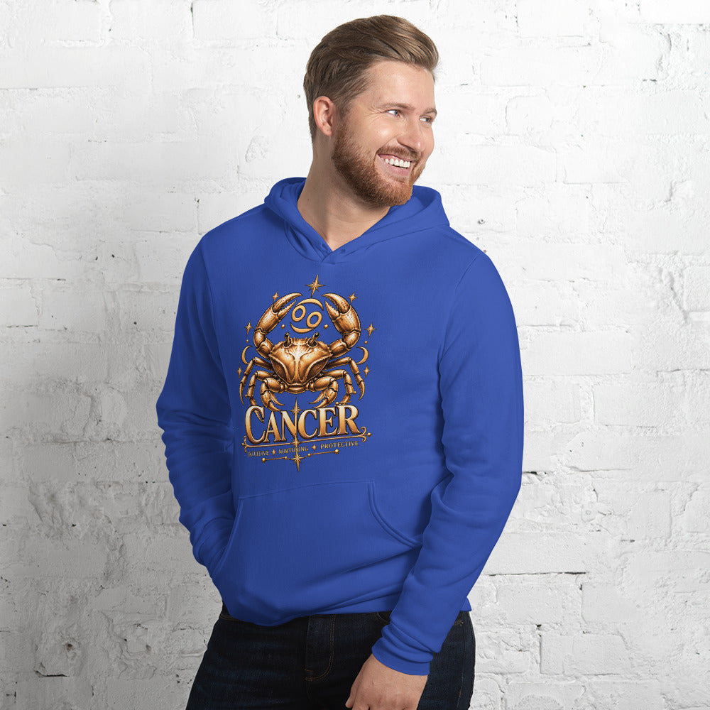 Cancer zodiac hoodie in true royal, front view angled left