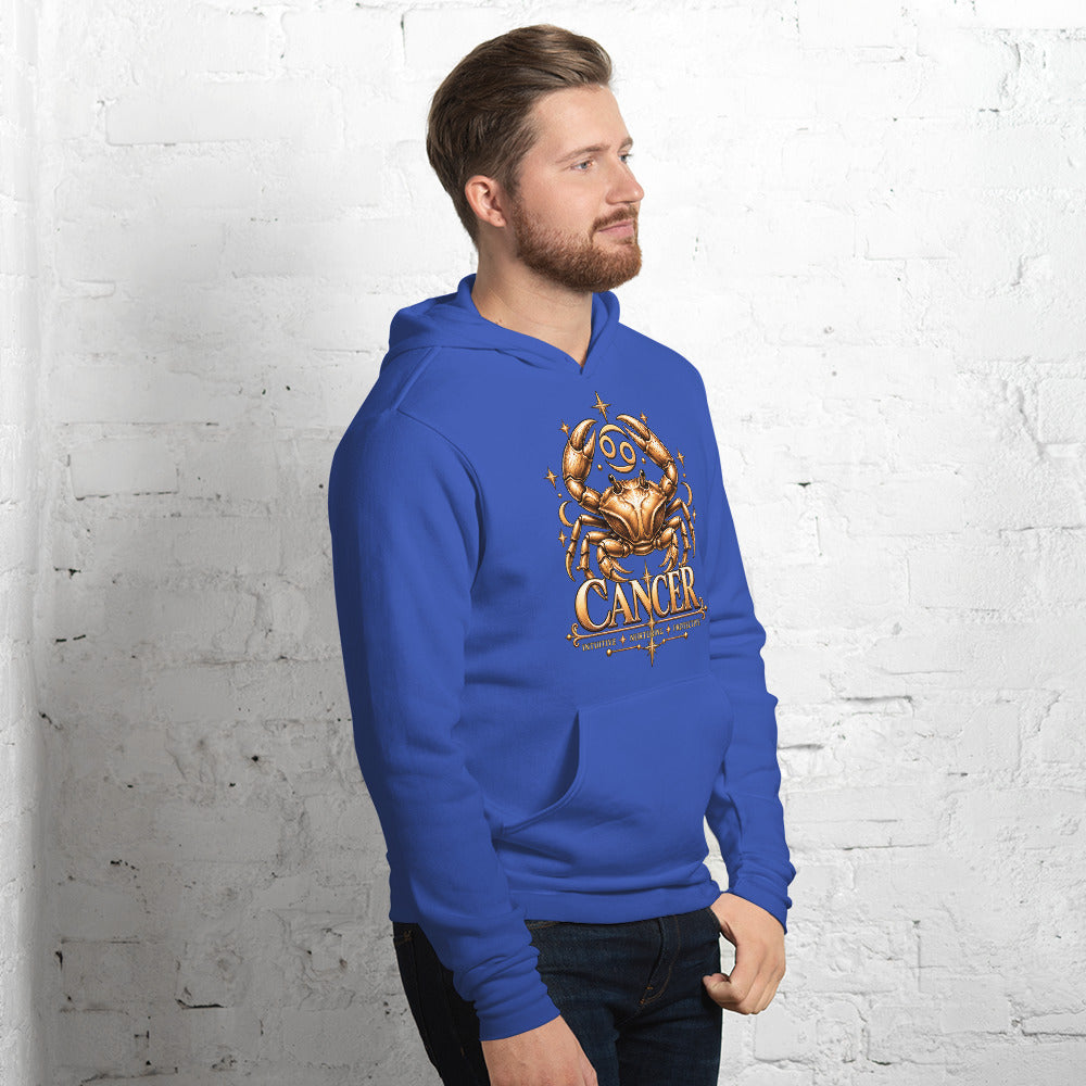 Cancer zodiac hoodie in true royal, front view angled right