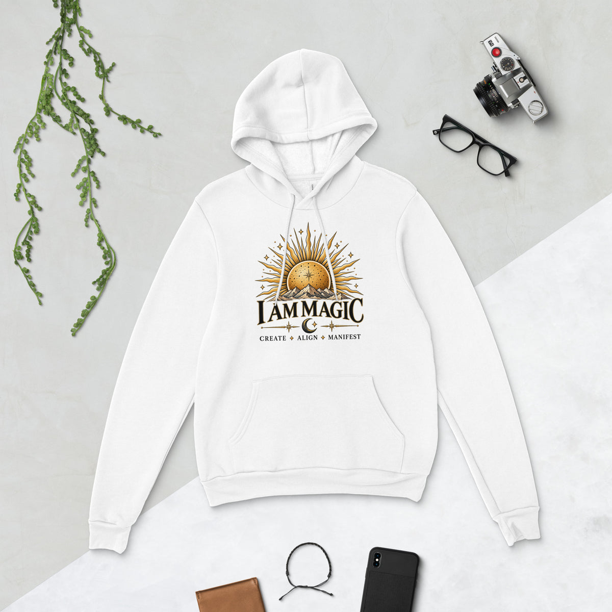 I Am Magic design with a gold sun face, Be Magical collection, on a white unisex pullover hoodie, front view