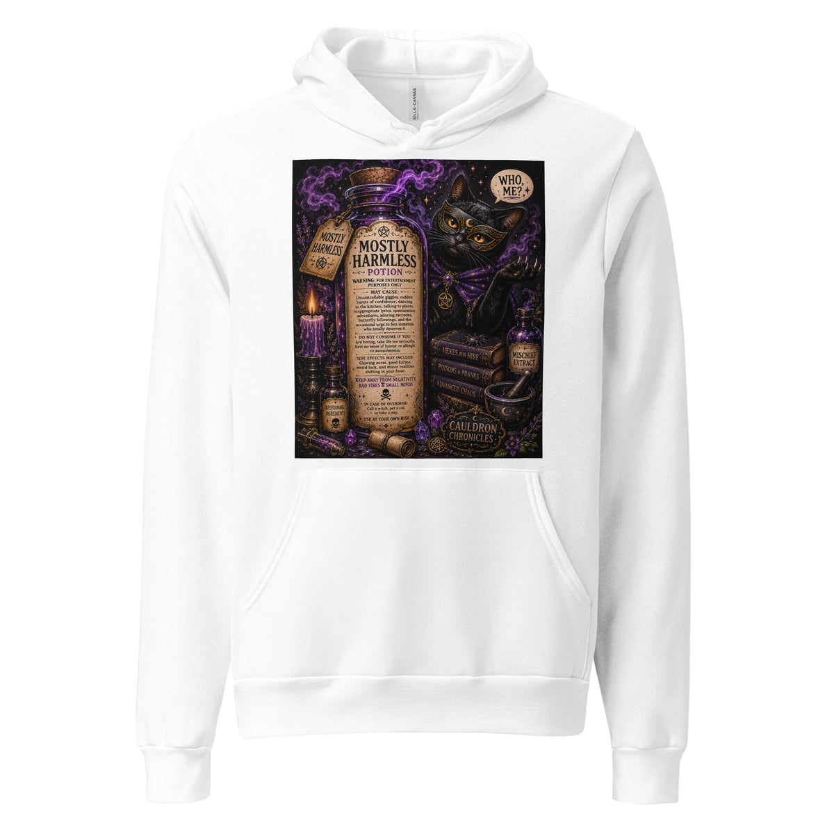 Mostly Harmless whimsigoth design, a potion bottle with a long warning label, on a white unisex pullover hoodie, front view