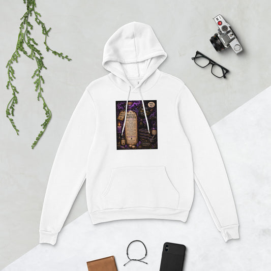 Mostly Harmless whimsigoth design, a potion bottle with a long warning label, on a white unisex pullover hoodie, front view