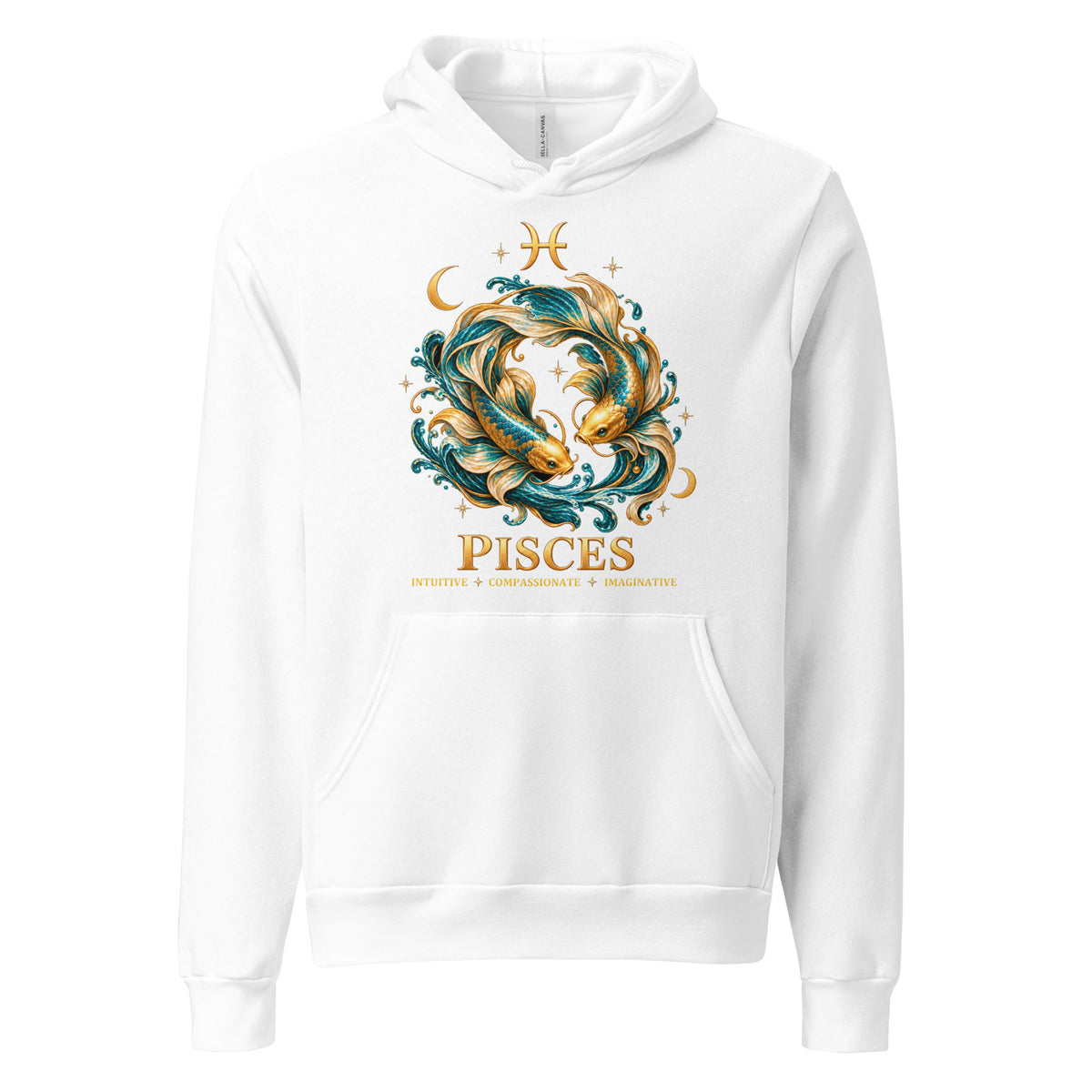 Pisces zodiac hoodie in white, front: two gold and teal koi in a night sky of gold stars with the Pisces glyph