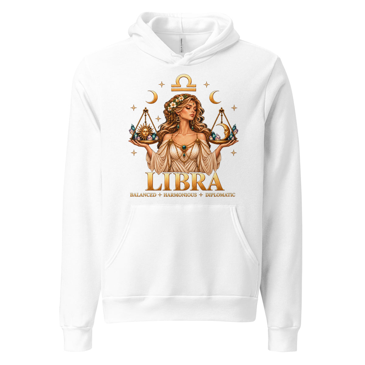 Libra zodiac hoodie in white, front: a woman holding golden scales in a night sky of gold stars with the Libra glyph