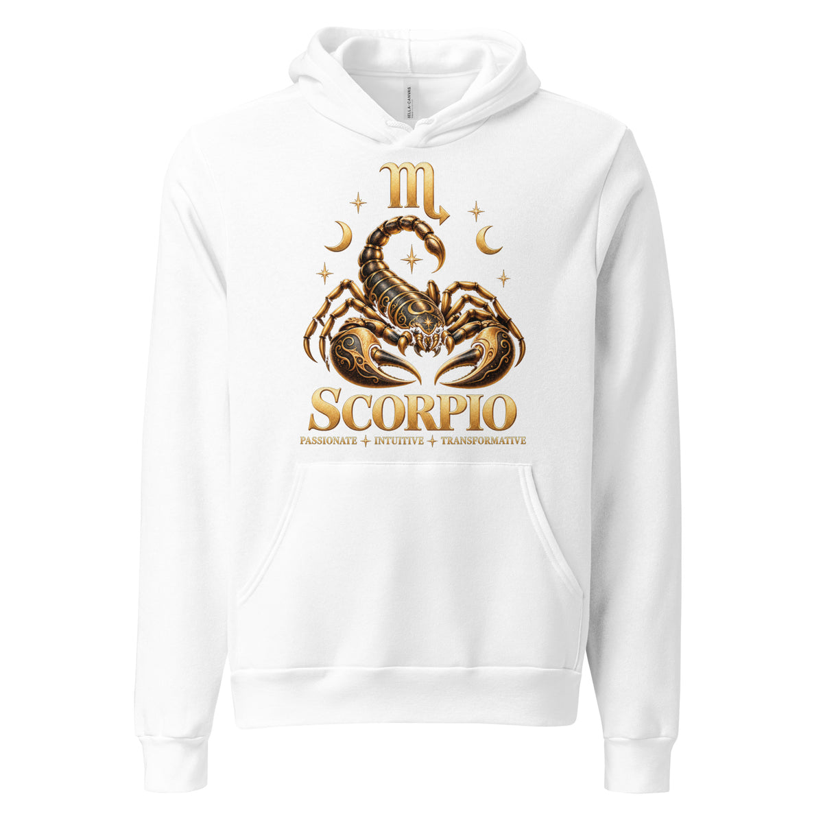 Scorpio zodiac hoodie in white, front: a golden scorpion in a night sky of gold stars with the Scorpio glyph