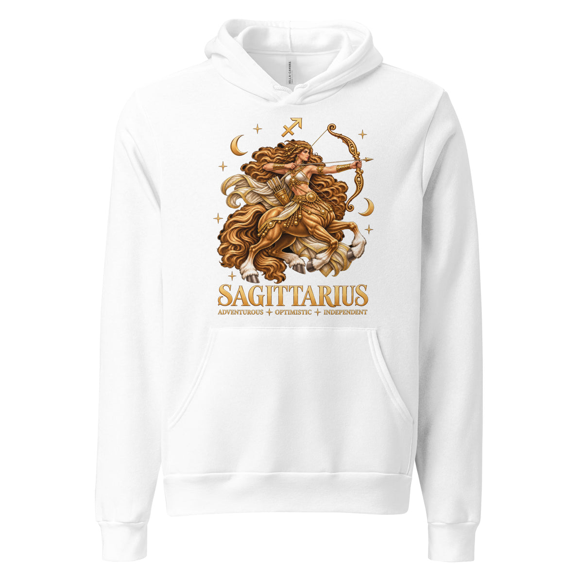 Sagittarius zodiac hoodie in white, front: a golden centaur archer in a night sky of gold stars with the Sagittarius glyph