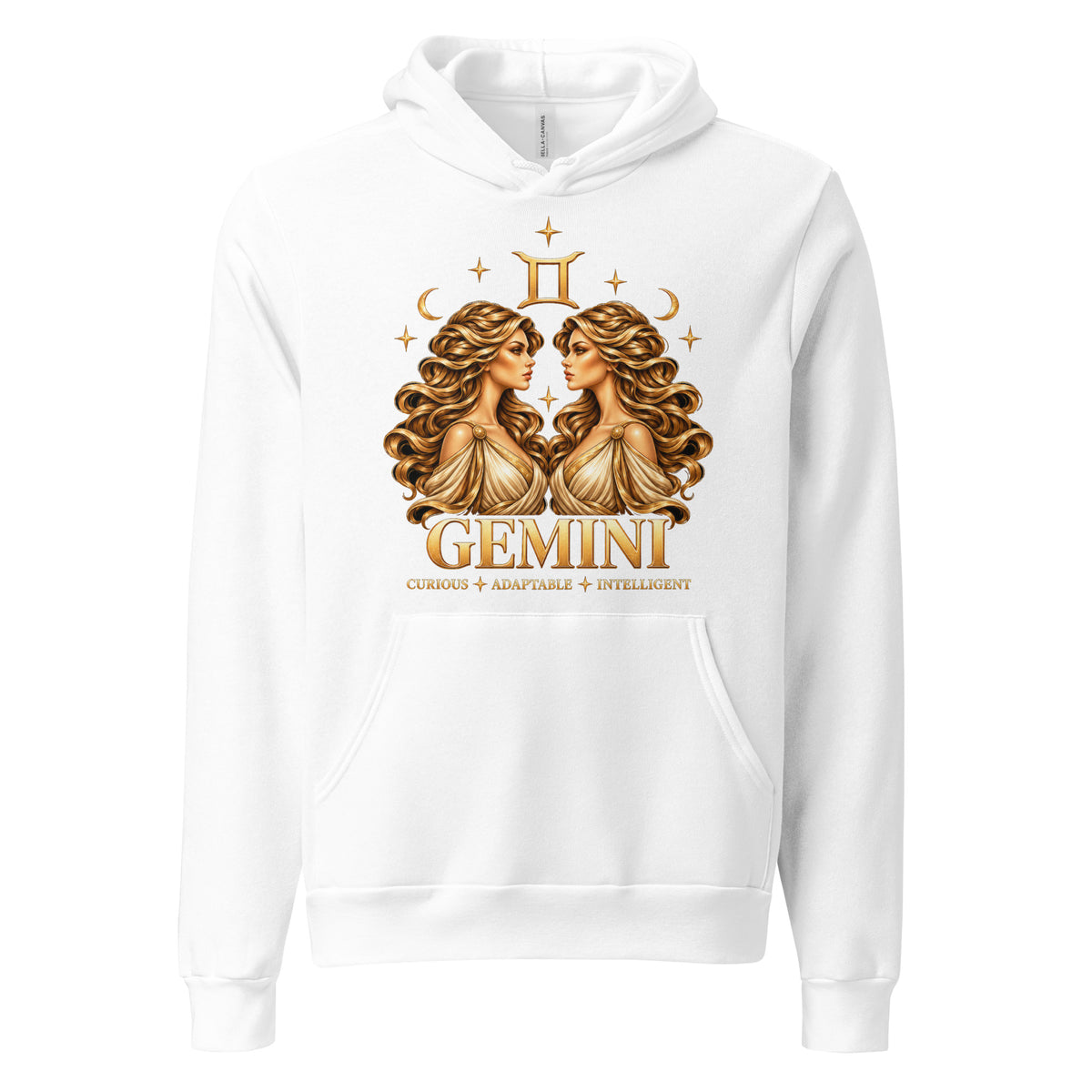 Gemini zodiac hoodie in white, front: golden twins face to face in a night sky of gold stars