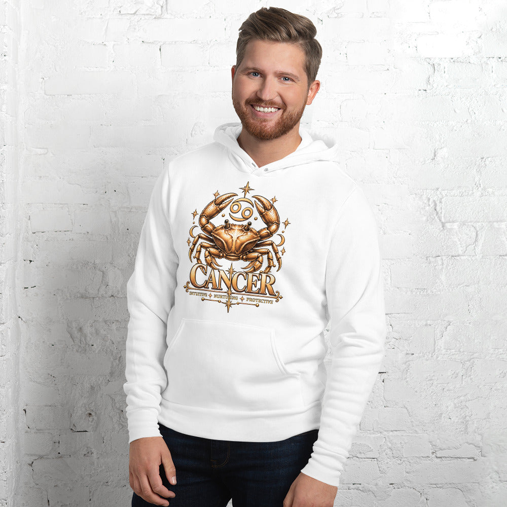 Cancer zodiac hoodie in white, front: a golden crab with claws raised in a night sky of gold stars