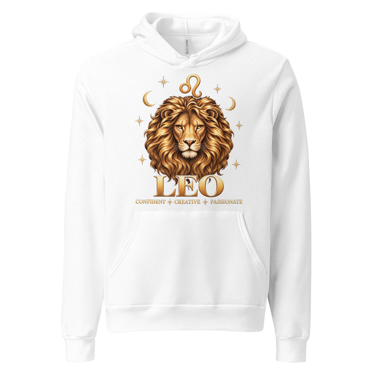 Leo zodiac hoodie in white, front: a golden lion with a full flowing mane in a night sky of gold stars