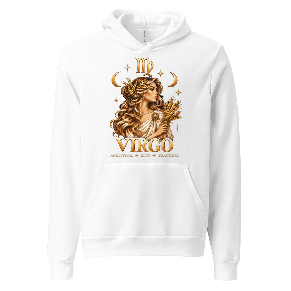 Virgo zodiac hoodie in white, front: a golden maiden holding a sheaf of wheat in a night sky of gold stars