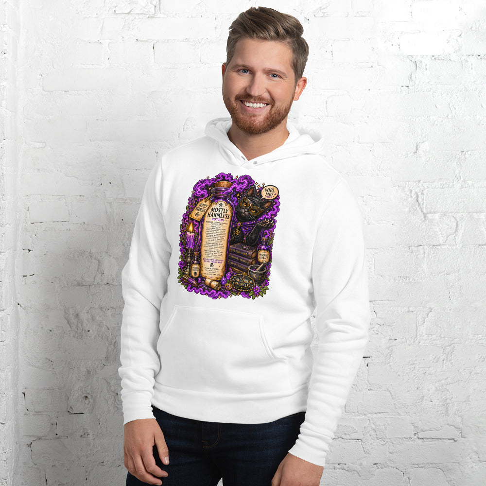 Mostly Harmless design, a potion bottle and a masked black cat, on a white unisex hoodie, front view
