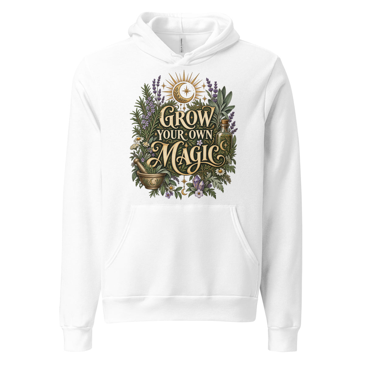 Grow Your Own Magic herbology design, herbs and a golden moon, on a white unisex hoodie, front view