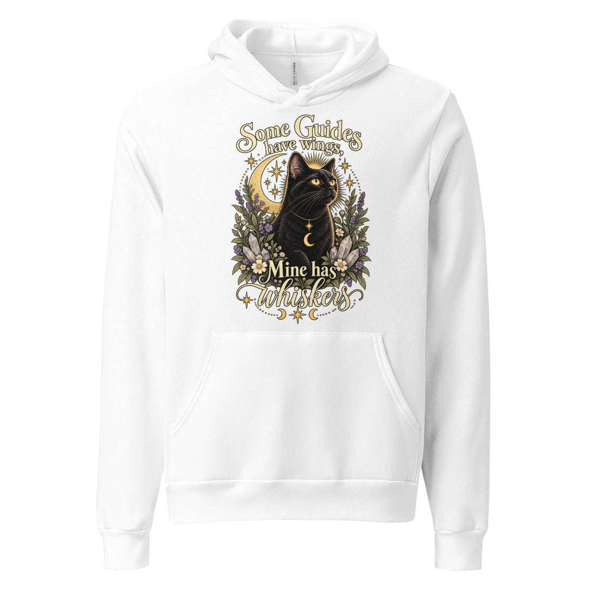 Some Guides Have Wings Mine Has Whiskers design, a black cat under a golden moon, on a white unisex hoodie, front view