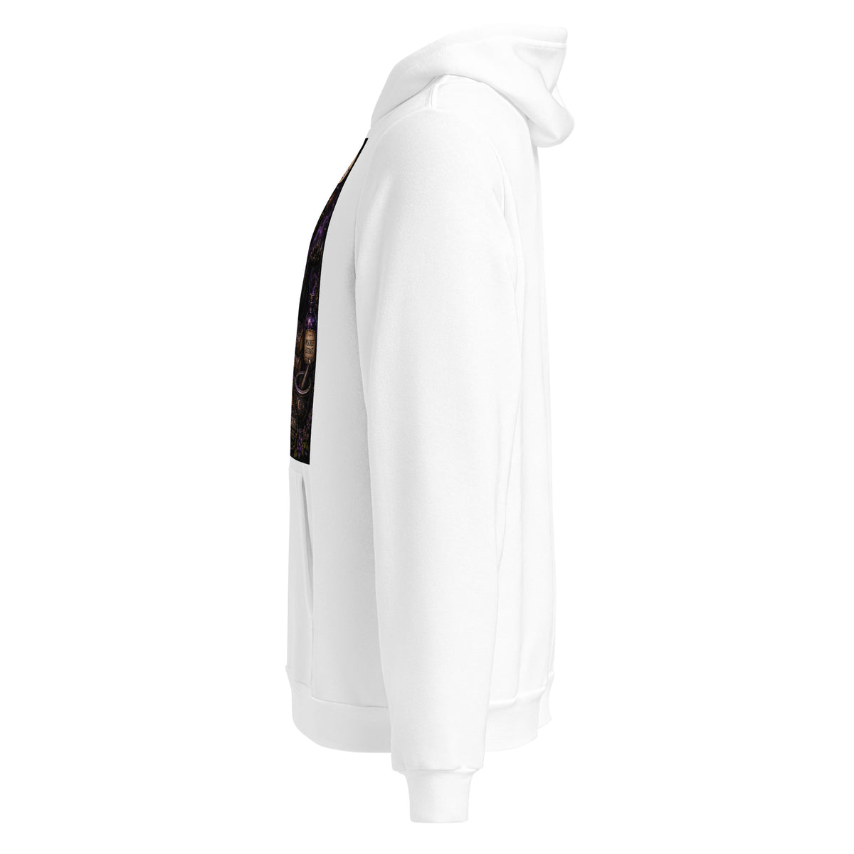 Mostly Harmless whimsigoth design, a potion bottle with a long warning label, on a white unisex pullover hoodie, left side view