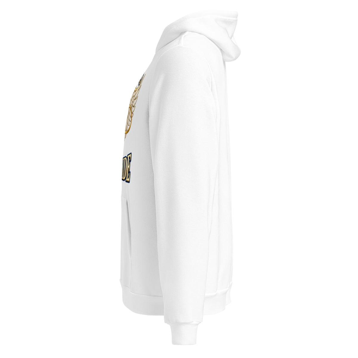 You Left This World Not My Side design, a blue gem heart with cream angel wings and a gold infinity ribbon under gold lettering, on a white unisex pullover hoodie, left side view