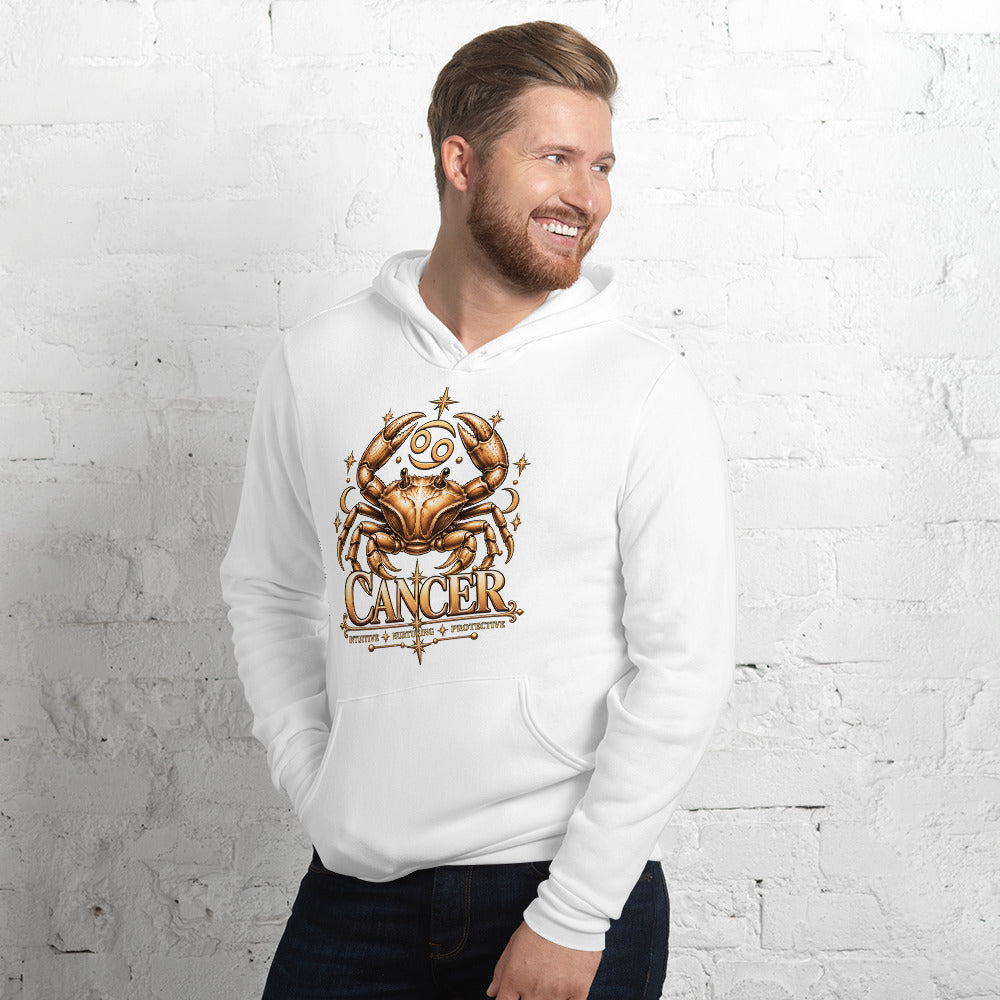 Cancer zodiac hoodie in white, front view angled left