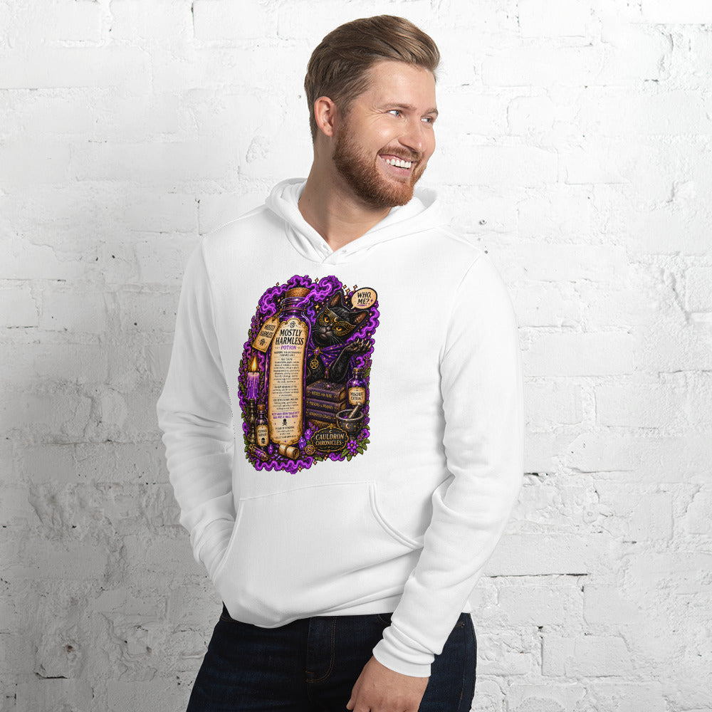 Mostly Harmless design on a white unisex hoodie, left front view