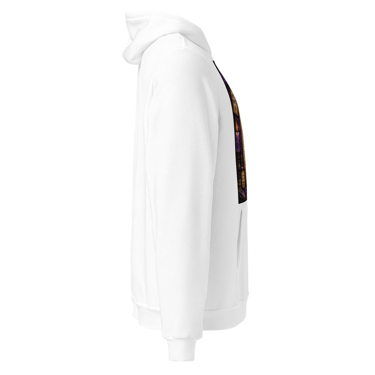 Mostly Harmless whimsigoth design, a potion bottle with a long warning label, on a white unisex pullover hoodie, right side view