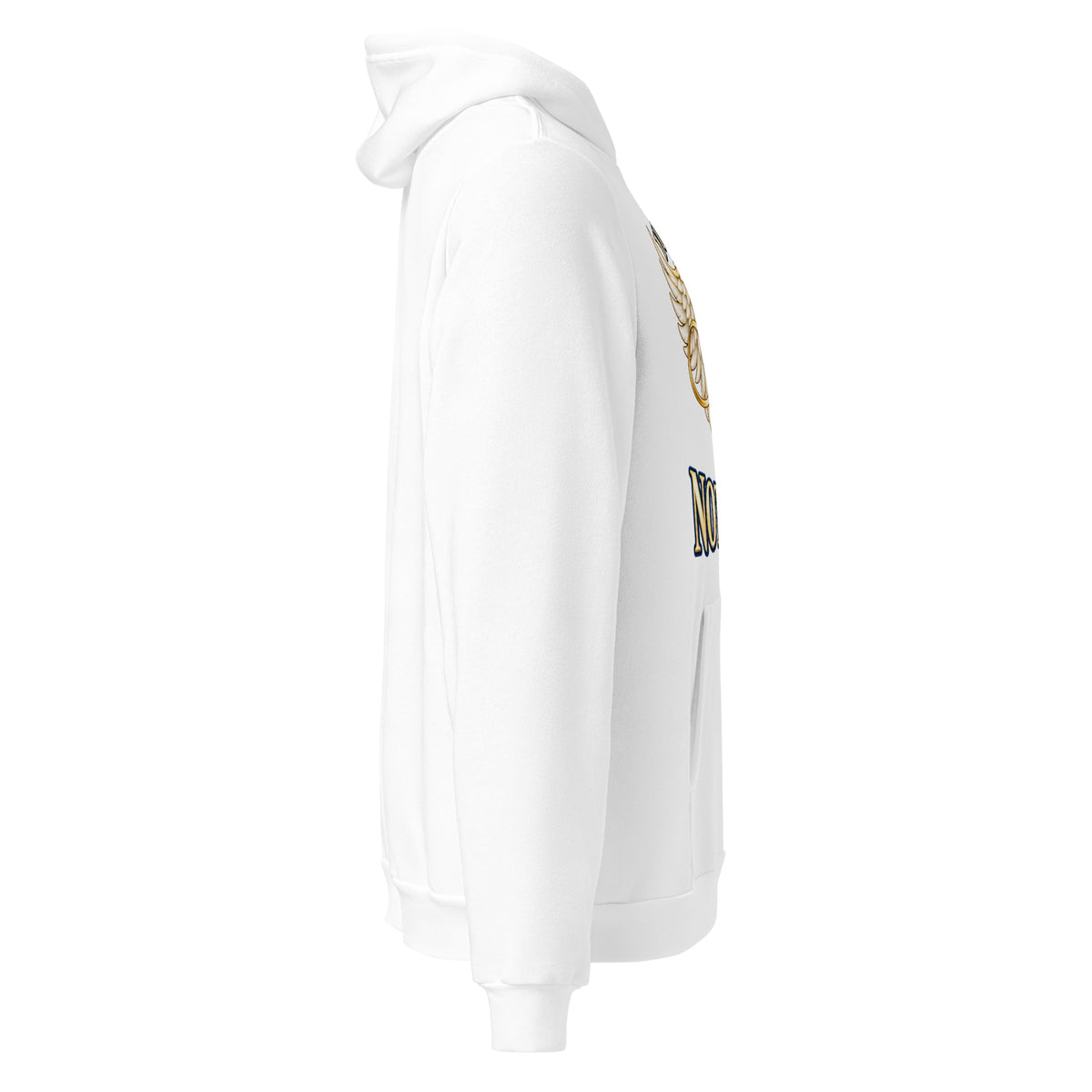 You Left This World Not My Side design, a blue gem heart with cream angel wings and a gold infinity ribbon under gold lettering, on a white unisex pullover hoodie, right side view