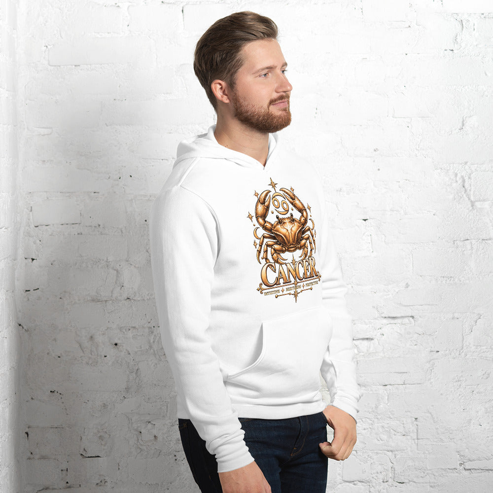 Cancer zodiac hoodie in white, front view angled right