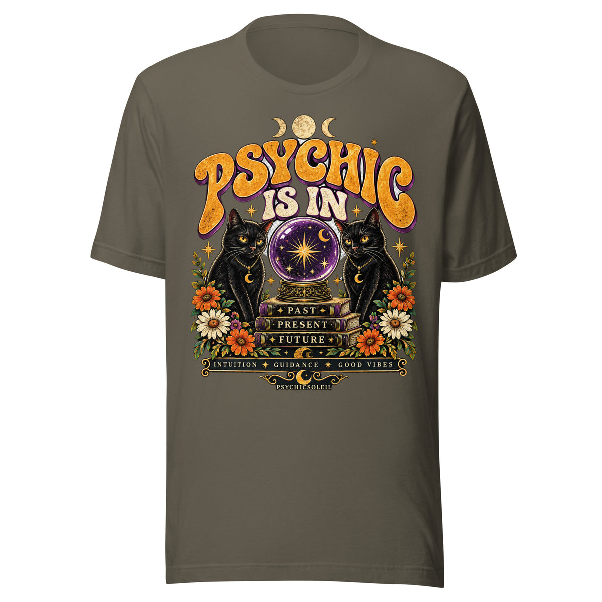 Retro Psychic Is In unisex t-shirt in army green, front. Two black cats and a purple crystal ball in retro seventies bubble lettering.