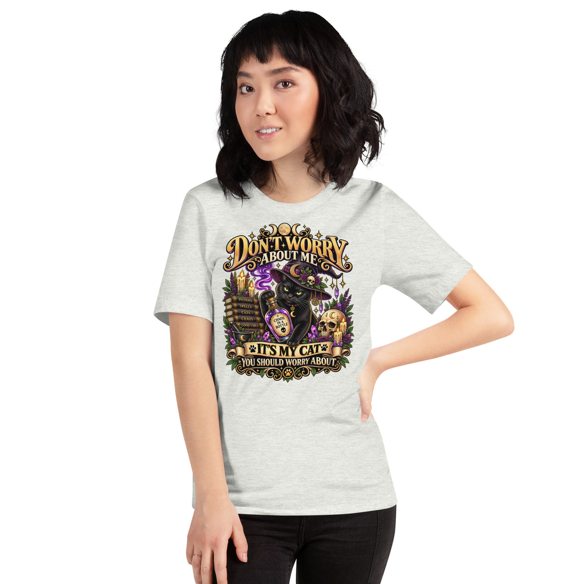 It's My Cat You Should Worry About black cat design on an Ash unisex t-shirt, front view